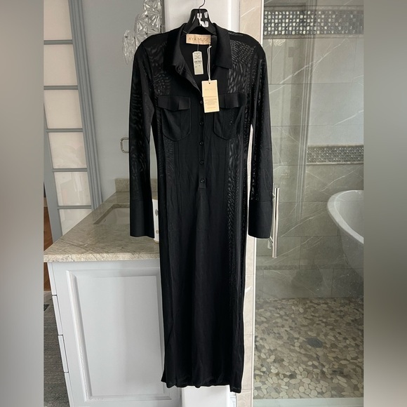 AYA MUSE Amur Mesh Button-Front Collared Maxi Dress Black - Picture 6 of 13